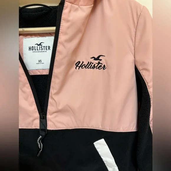 HOLLISTER XS pink/black/white Windbreaker 1/4 Zip Fleece Lined Hoodie - Picture 3 of 11